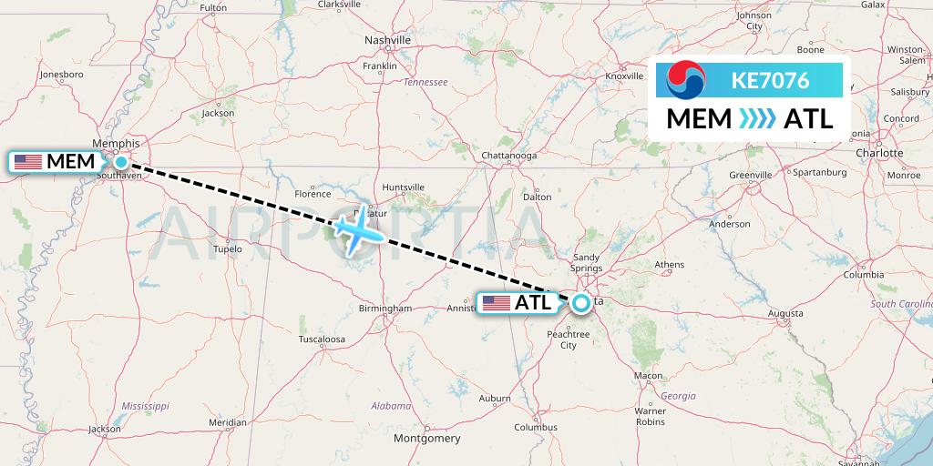 KE7076 Korean Air Flight Map: Memphis to Atlanta