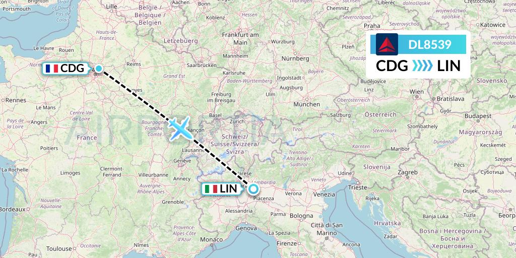 DL8539 Delta Air Lines Flight Map: Paris to Milan