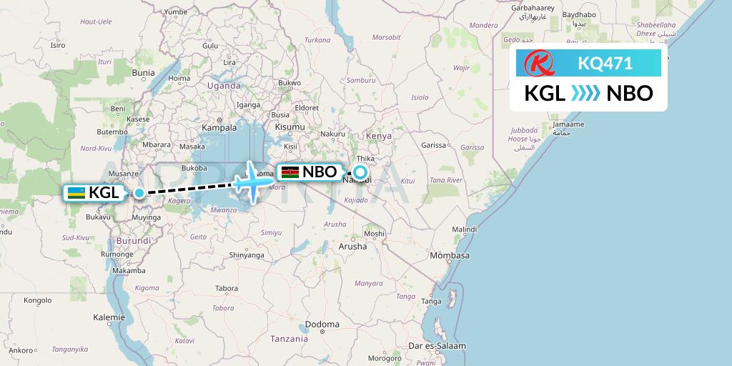 KQ471 Kenya Airways Flight Map: Kigali to Nairobi
