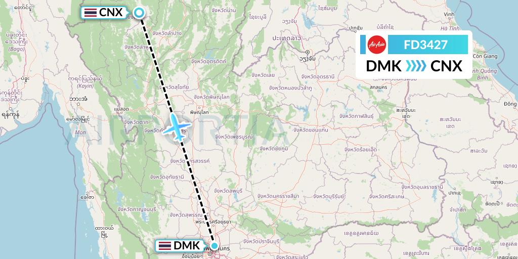 FD3427 Thai AirAsia Flight Map: Bangkok to Chiang Mai