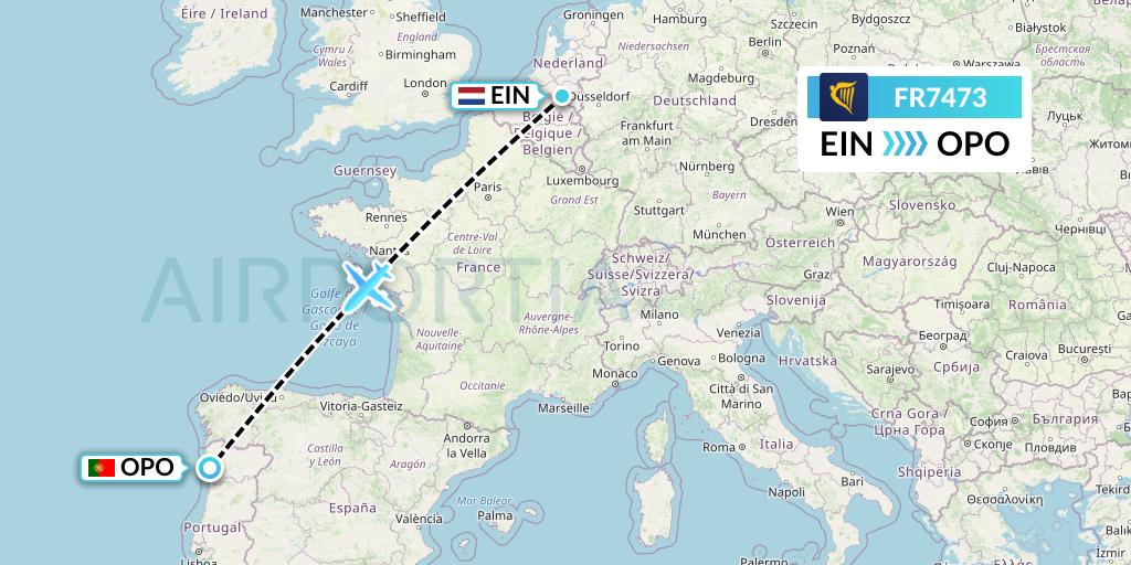 FR7473 Ryanair Flight Map: Eindhoven to Porto