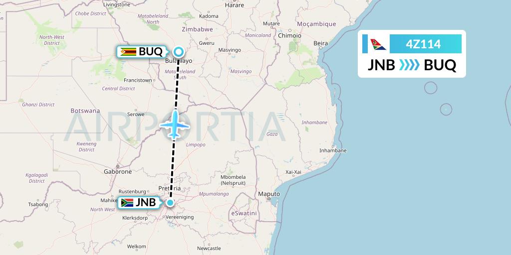 4Z114 Airlink Flight Map: Johannesburg to Bulawayo