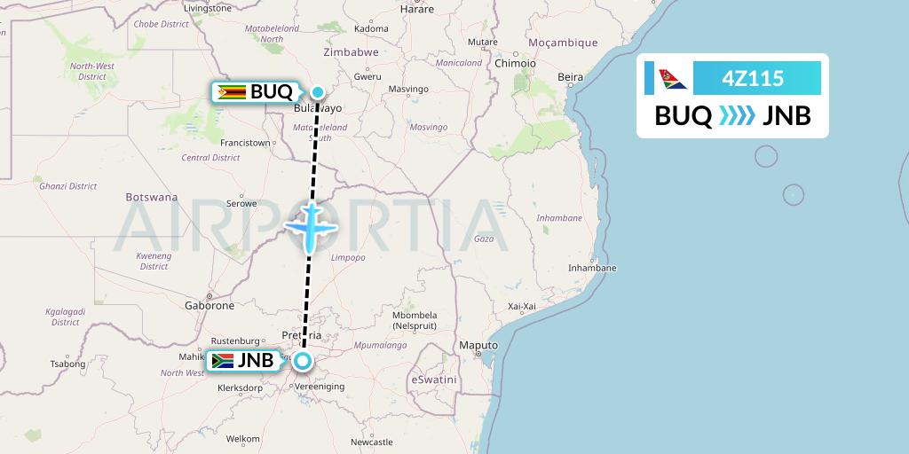 4Z115 Airlink Flight Map: Bulawayo to Johannesburg