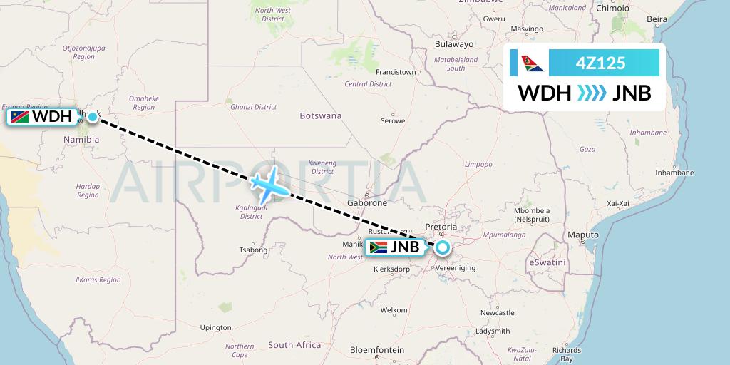 4Z125 Airlink Flight Map: Windhoek to Johannesburg