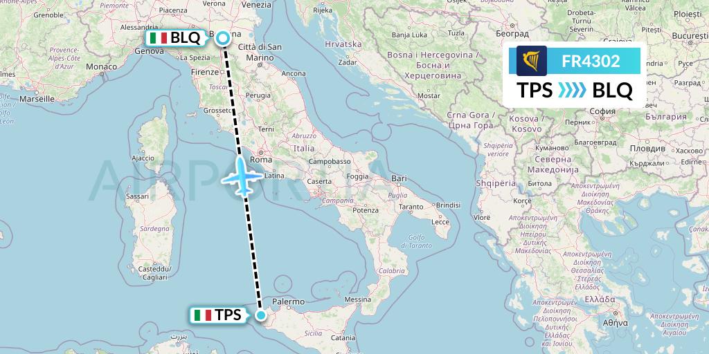 FR4302 Ryanair Flight Map: Trapani to Bologna