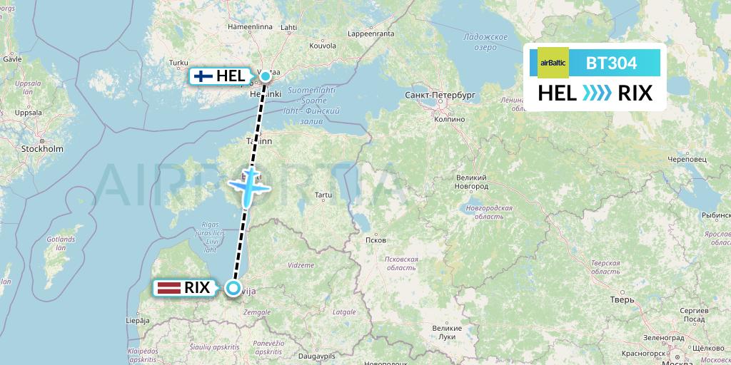 BT304 Air Baltic Flight Map: Helsinki to Riga