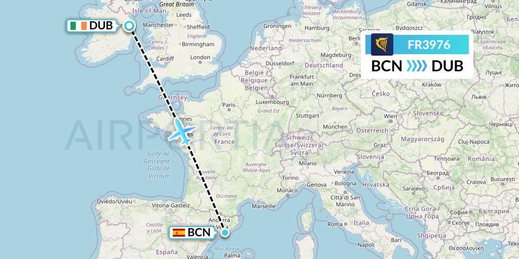 FR3976 Ryanair Flight Map: Barcelona to Dublin