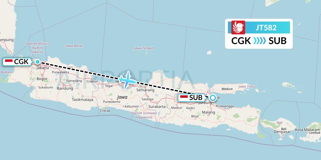 JT582 Lion Airlines Flight Map: Jakarta to Surabaya