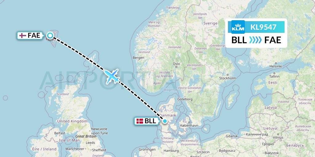 KL9547 KLM Flight Map: Billund to Vagar