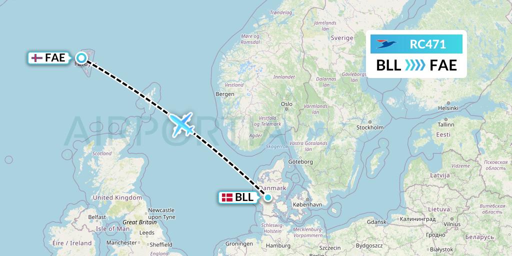 RC471 Atlantic Airways Flight Map: Billund to Vagar