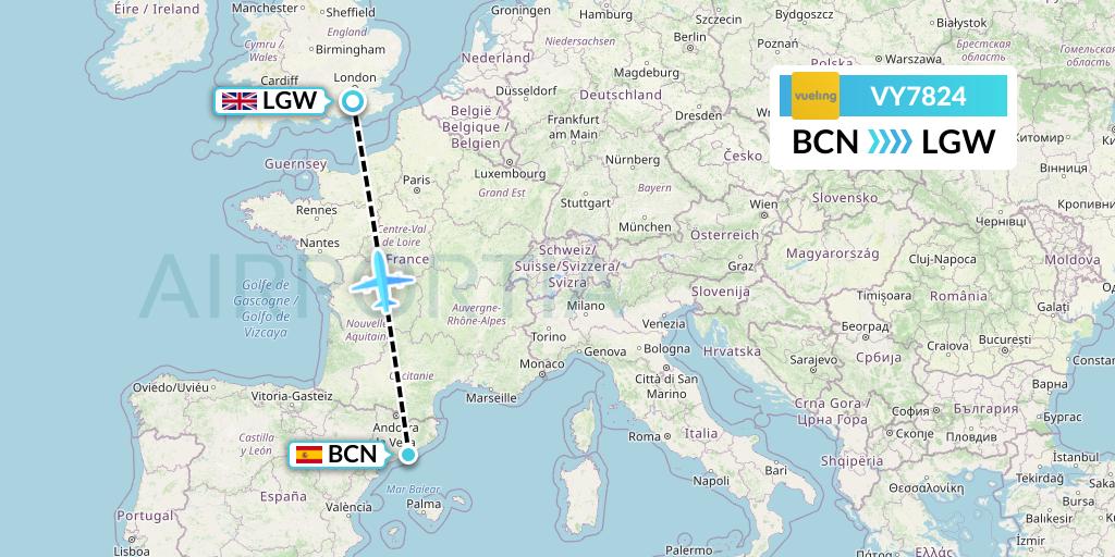 VY7824 Vueling Flight Map: Barcelona to London
