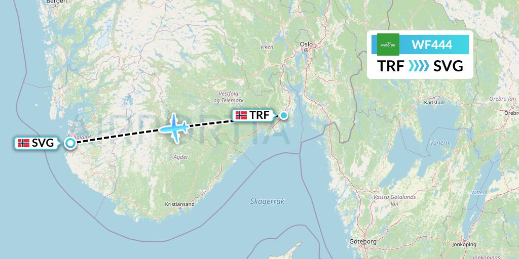 WF444 Wideroe Flight Map: Oslo to Stavanger