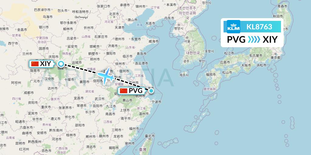 KL8763 KLM Flight Map: Shanghai to Xi'an