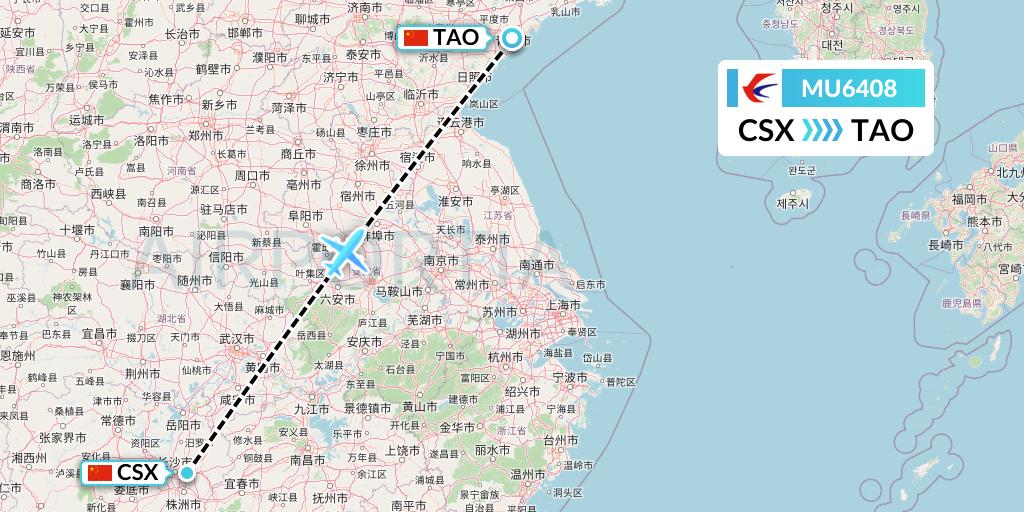 MU6408 China Eastern Airlines Flight Map: Changsha to Qingdao