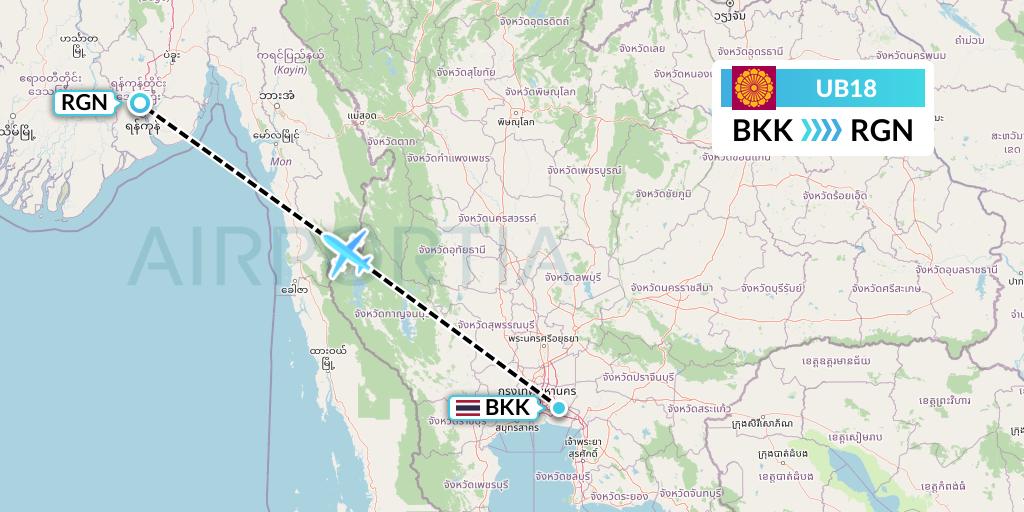 UB18 Myanmar National Airlines Flight Map: Bangkok to Yangon