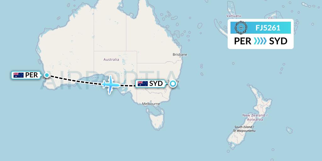 FJ5261 Fiji Airways Flight Map: Perth to Sydney