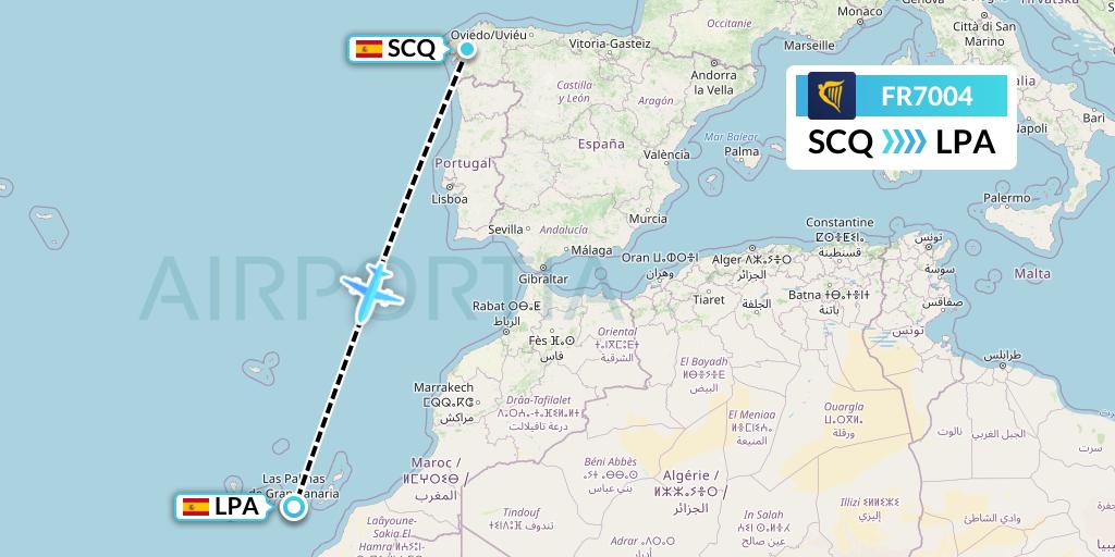 FR7004 Ryanair Flight Map: Santiago to Las Palmas