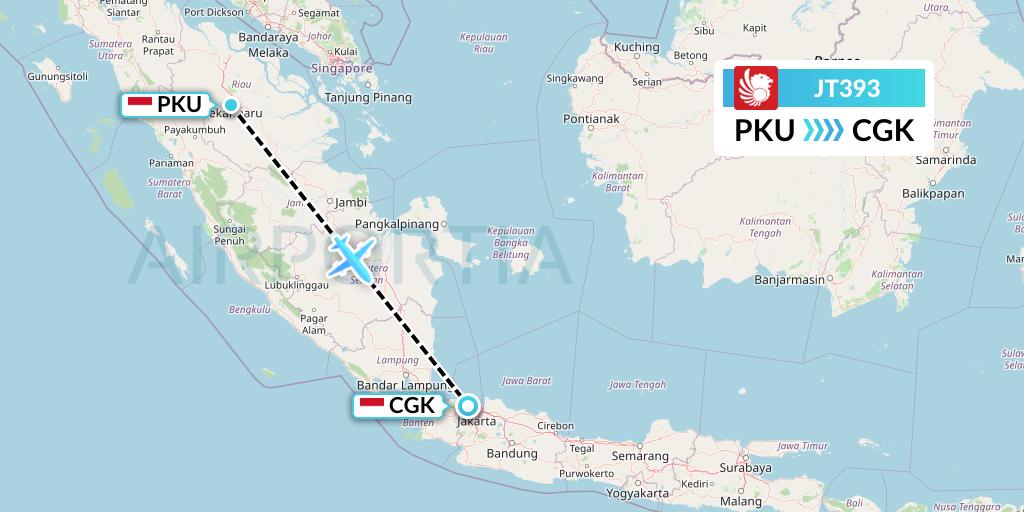 JT393 Lion Airlines Flight Map: Pekanbaru to Jakarta