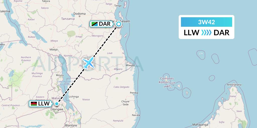3W42 Malawian Airlines Flight Map: Lilongwe to Dar-es-Salaam