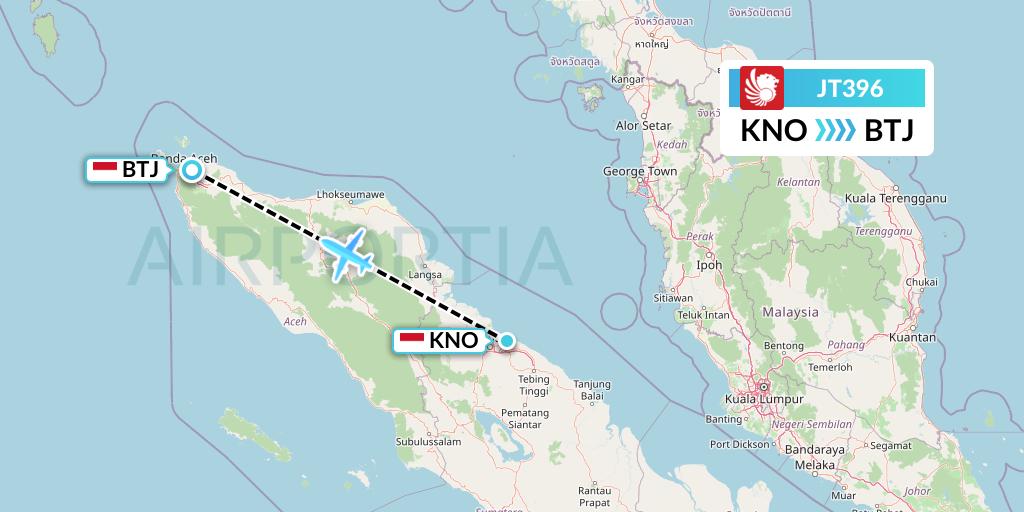 JT396 Lion Airlines Flight Map: Medan to Banda Aceh