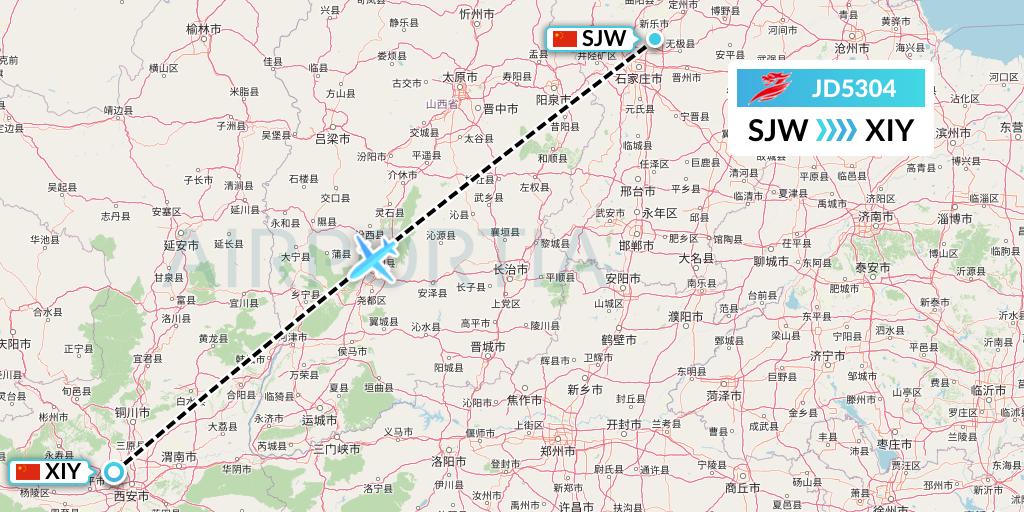 JD5304 Capital Airlines Flight Map: Shijiazhuang to Xi'an