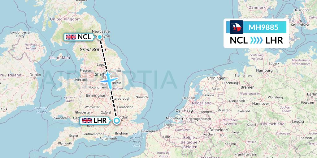 MH9885 Malaysia Airlines Flight Map: Newcastle to London