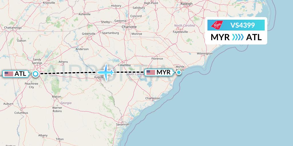 VS4399 Virgin Atlantic Airways Flight Map: Myrtle Beach to Atlanta
