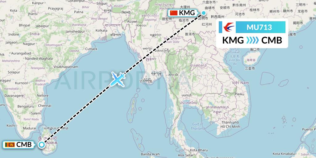 MU713 China Eastern Airlines Flight Map: Kunming to Colombo