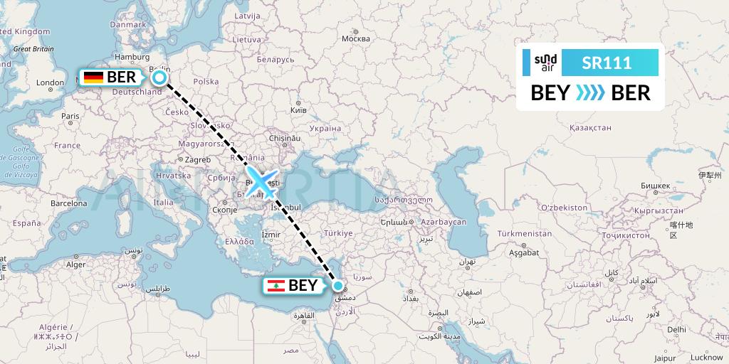 SR111 SundAir Flight Map: Beirut to Berlin