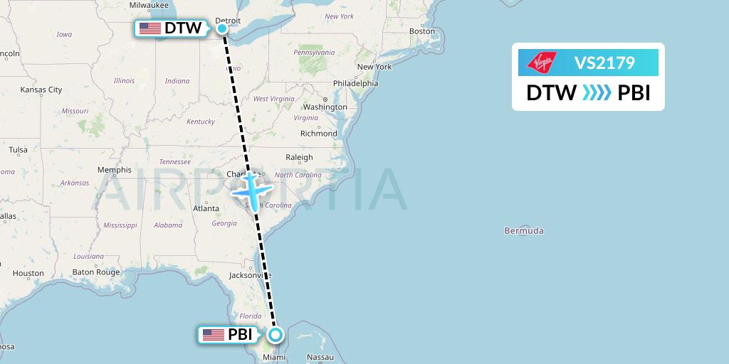 VS2179 Virgin Atlantic Airways Flight Map: Detroit to West Palm Beach
