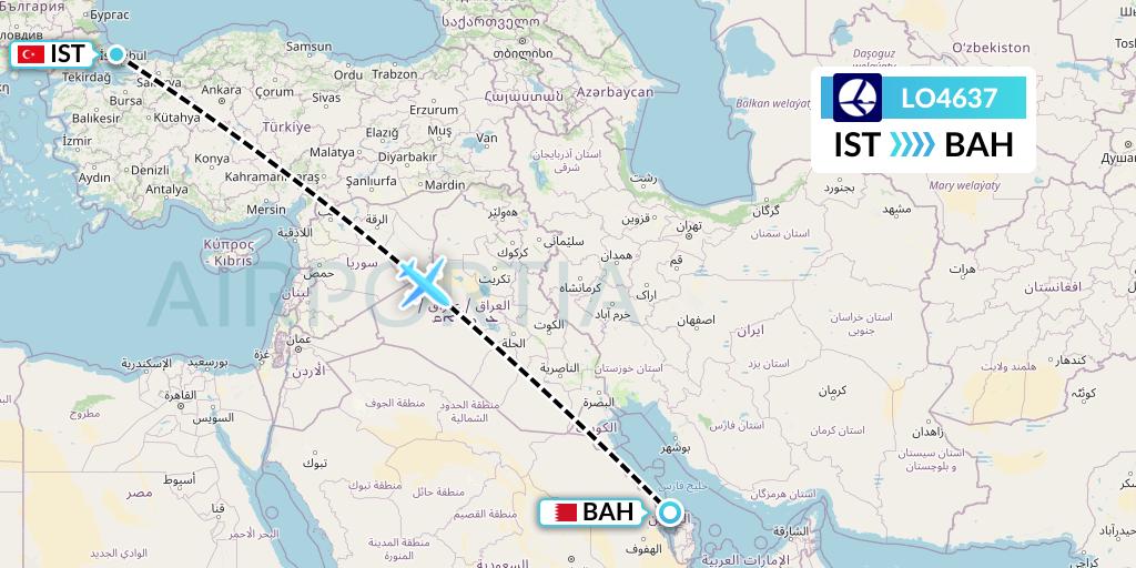 LO4637 LOT Flight Map: Istanbul to Bahrain