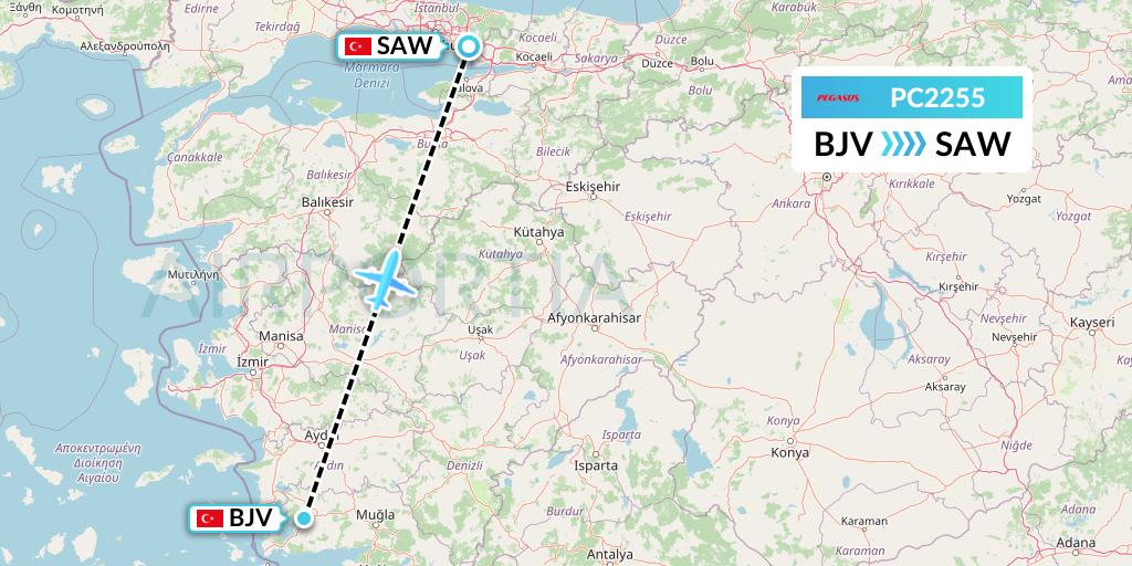 PC2255 Pegasus Airlines Flight Map: Bodrum to Istanbul