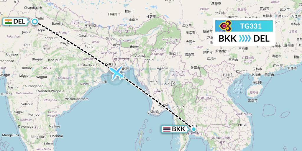 TG331 Thai Airways Flight Map: Bangkok to Delhi