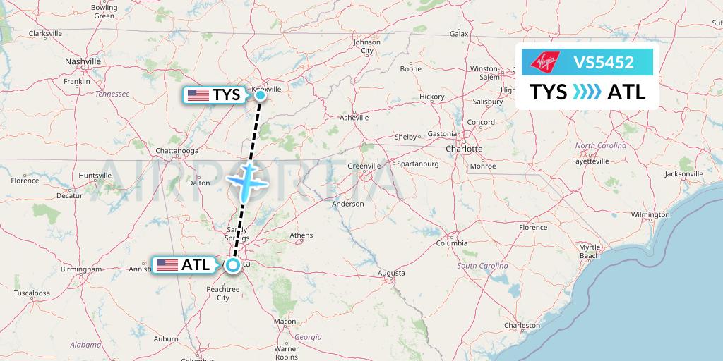 VS5452 Virgin Atlantic Airways Flight Map: Knoxville to Atlanta