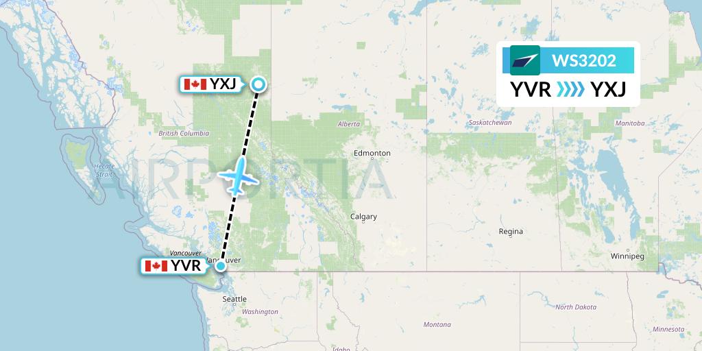 WS3202 WestJet Flight Map: Vancouver to Fort St. John