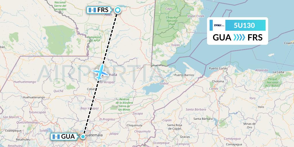 5U130 TAG Airlines Flight Map: Guatemala City to Flores