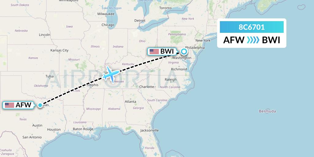 8C6701 Air Transport International Flight Map: Fort Worth to Baltimore