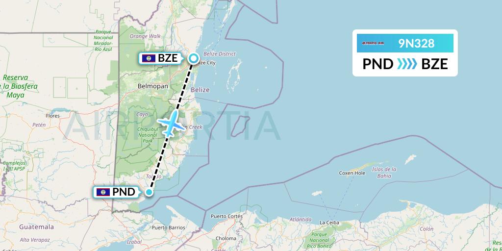 9N328 Tropic Air Flight Map: Punta Gorda to Belize City
