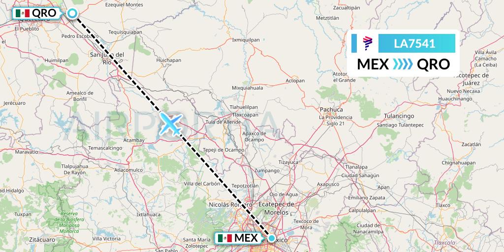 LA7541 LAN Airlines Flight Map: Mexico City to Queretaro