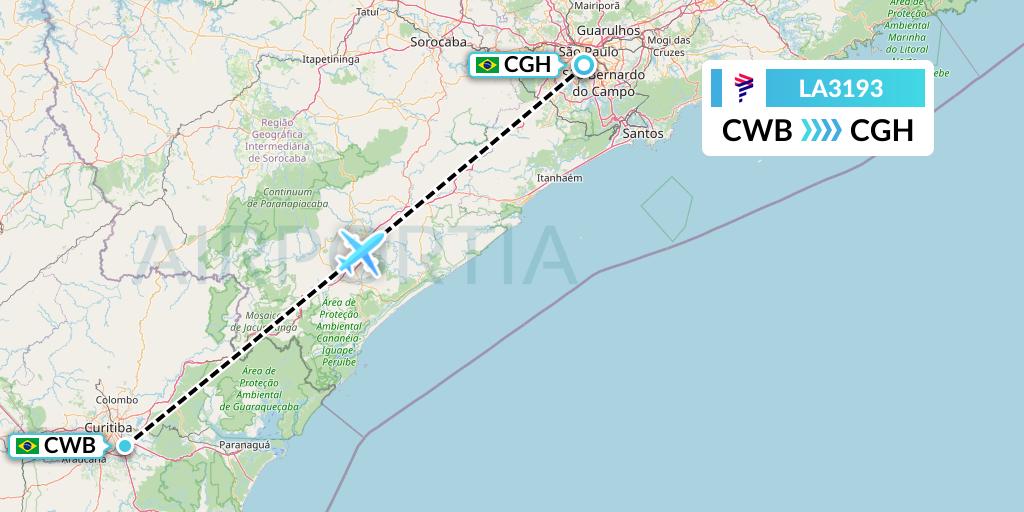 LA3193 LAN Airlines Flight Map: Curitiba to Sao Paulo