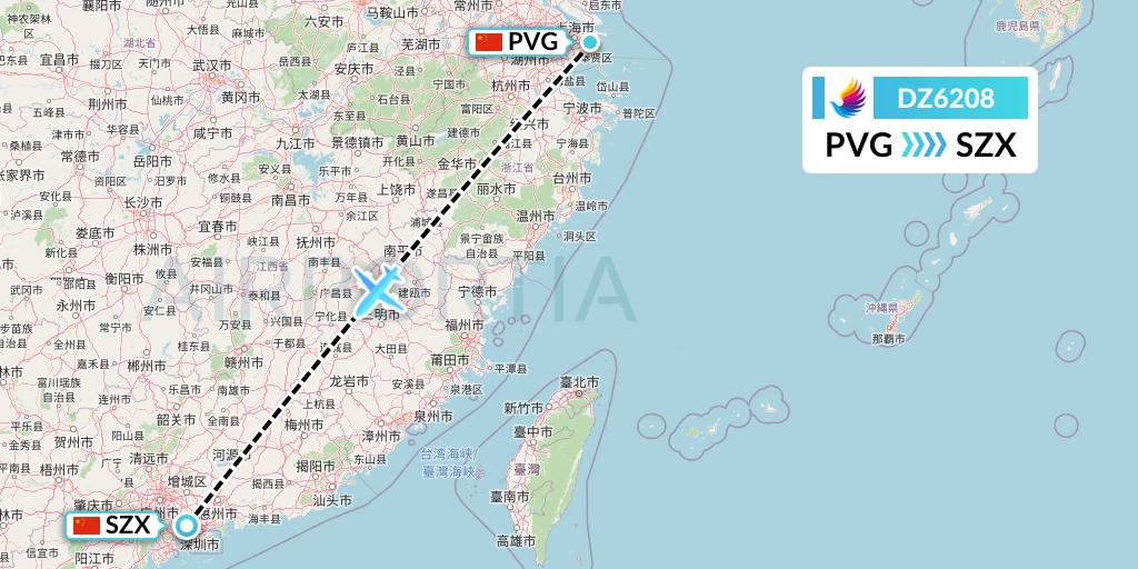DZ6208 Donghai Airlines Flight Map: Shanghai to Shenzhen