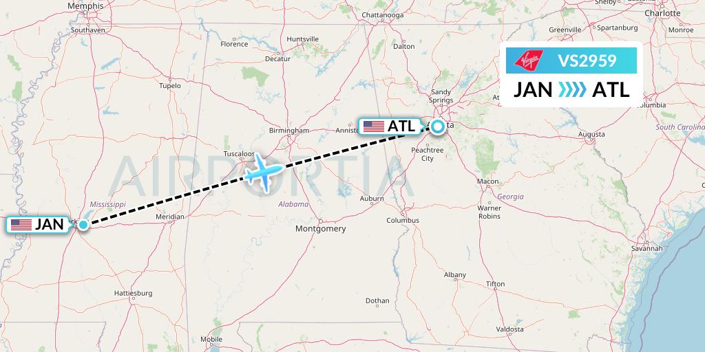 VS2959 Virgin Atlantic Airways Flight Map: Jackson to Atlanta
