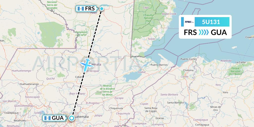 5U131 TAG Airlines Flight Map: Flores to Guatemala City