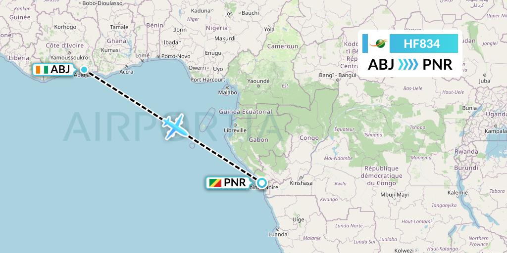 HF834 Air Cote d'Ivoire Flight Map: Abidjan to Pointe Noire