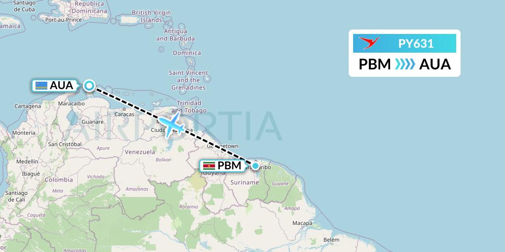 PY631 Surinam Airways Flight Map: Paramaribo to Oranjestad