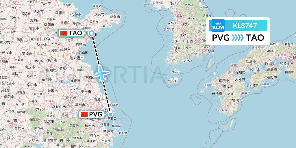 KL8747 KLM Flight Map: Shanghai to Qingdao