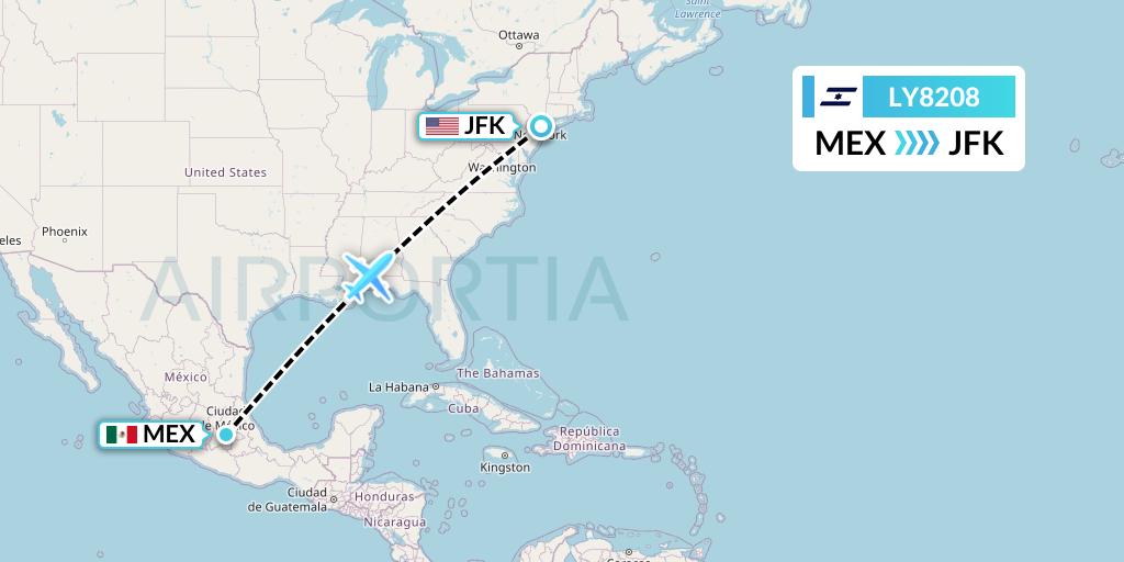 LY8208 El Al Flight Map: Mexico City to New York
