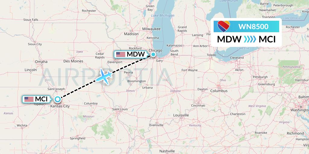 WN8500 Southwest Airlines Flight Map: Chicago to Kansas City