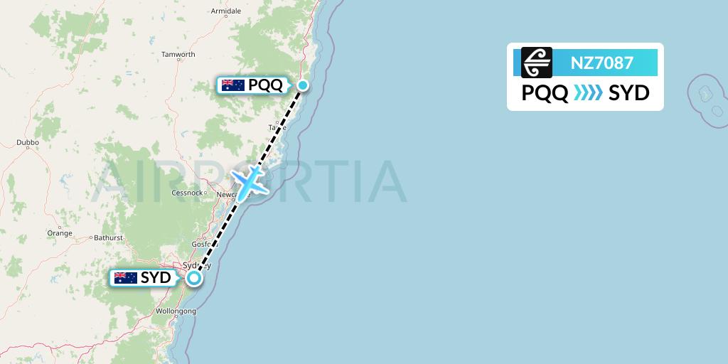 NZ7087 Air New Zealand Flight Map: Port Macquarie to Sydney