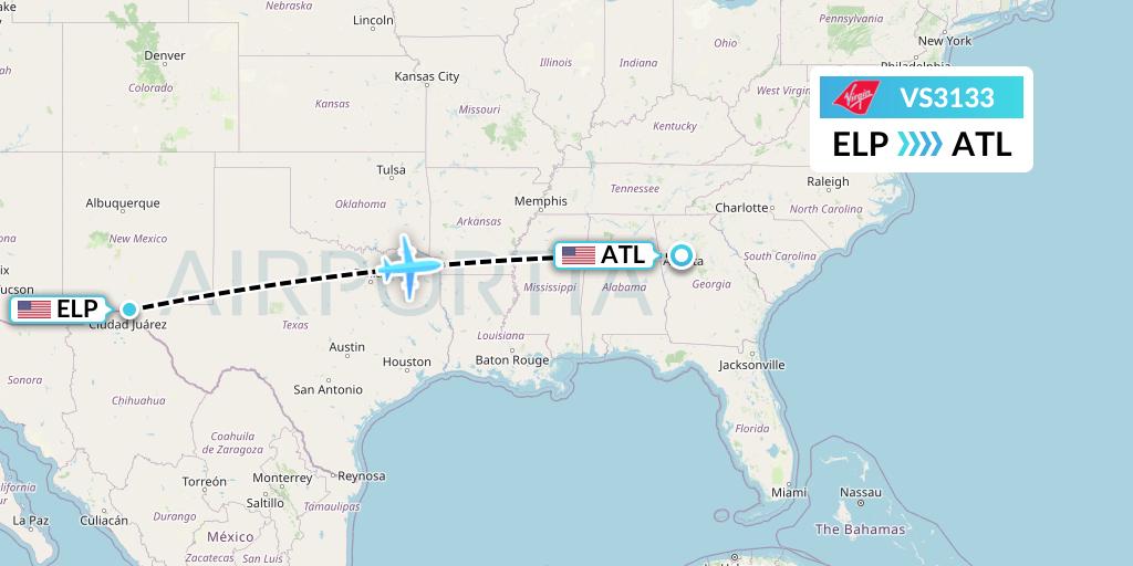 VS3133 Virgin Atlantic Airways Flight Map: El Paso to Atlanta